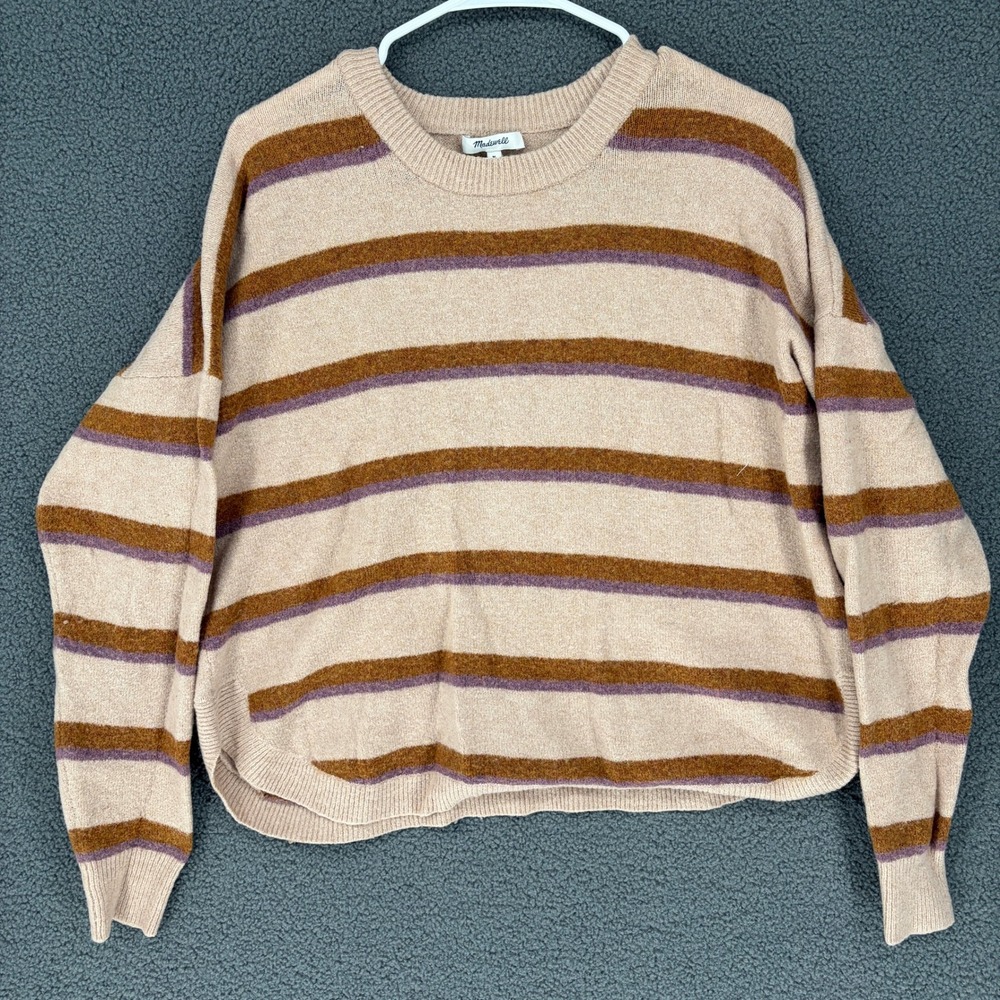 Madewell Striped Alpaca Wool Blend Crewneck Sweater Tan Brown Purple Medium